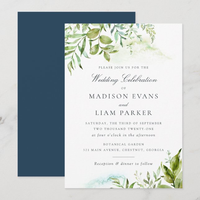Modern Greenery Foliage Leaves Watercolor Wedding Invitation (Front/Back)