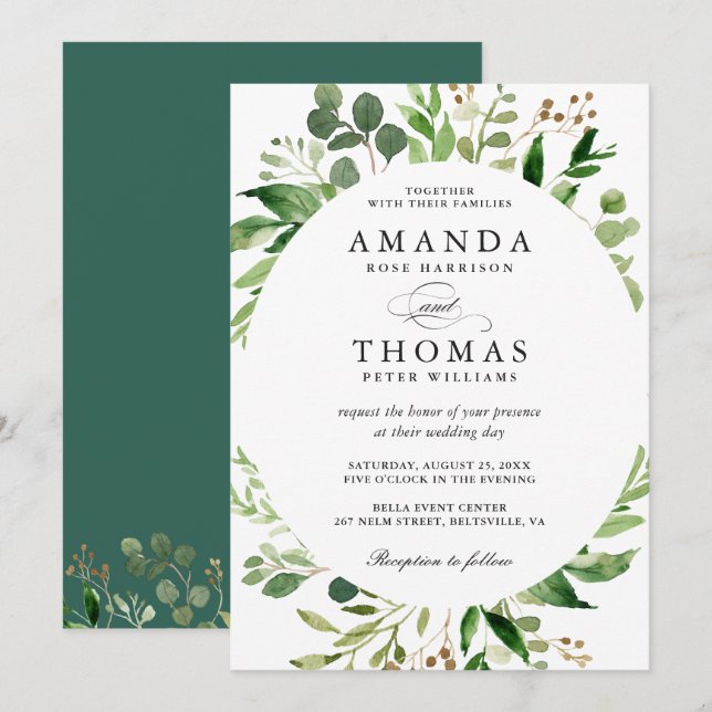 Modern Greenery Foliage Leaves Wreath Wedding Invitation (Front/Back)