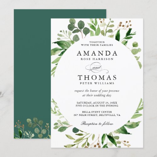 Modern Greenery Foliage Leaves Wreath Wedding Invitation