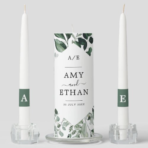 modern greenery frame bride groom initials wedding unity candle set