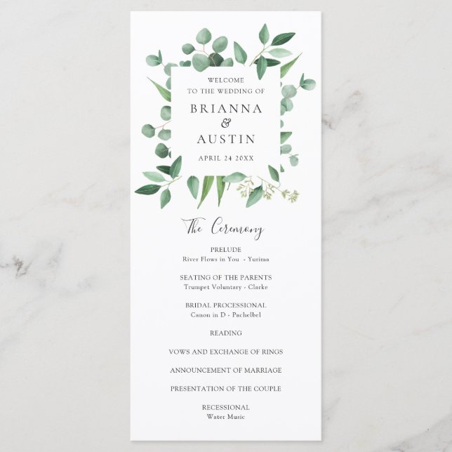 Modern Greenery Frame Eucalyptus Leaves Wedding Program (Front)
