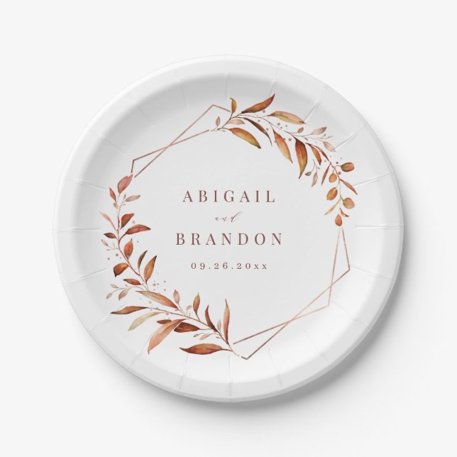 Modern Greenery Geometric Fall Rustic Wedding Paper Plates (Front)