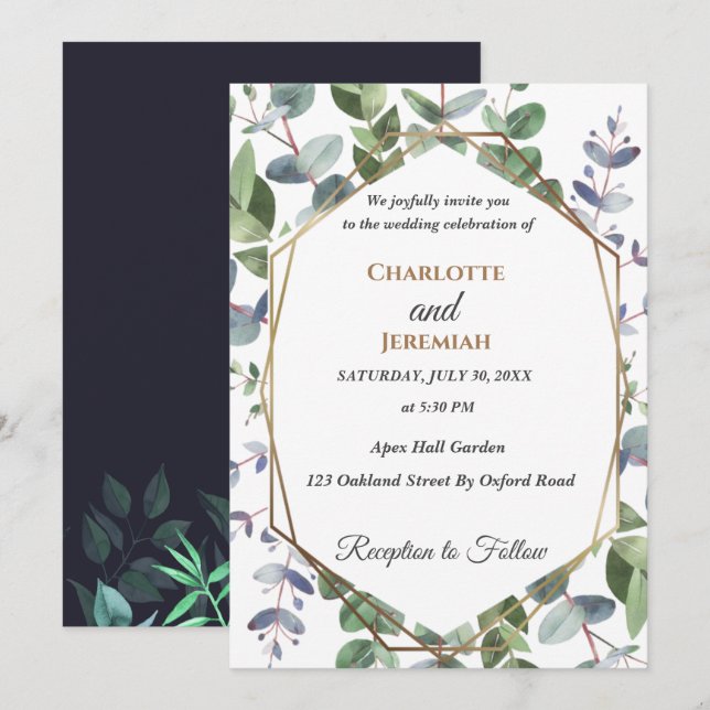 Modern Greenery Geometric Frame Wedding Invitation (Front/Back)