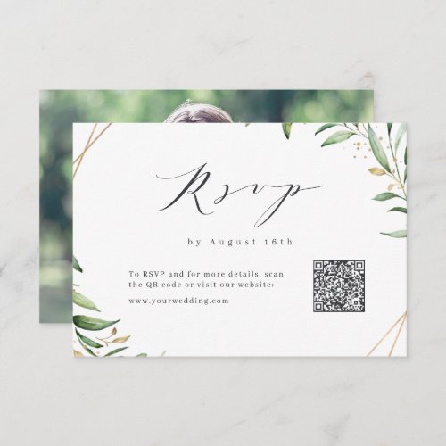 Modern Greenery Geometric Rustic Wedding QR code  RSVP Card