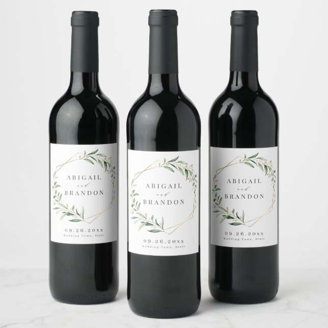 Modern Greenery Geometric Rustic Wedding Wine Label (Bottles)
