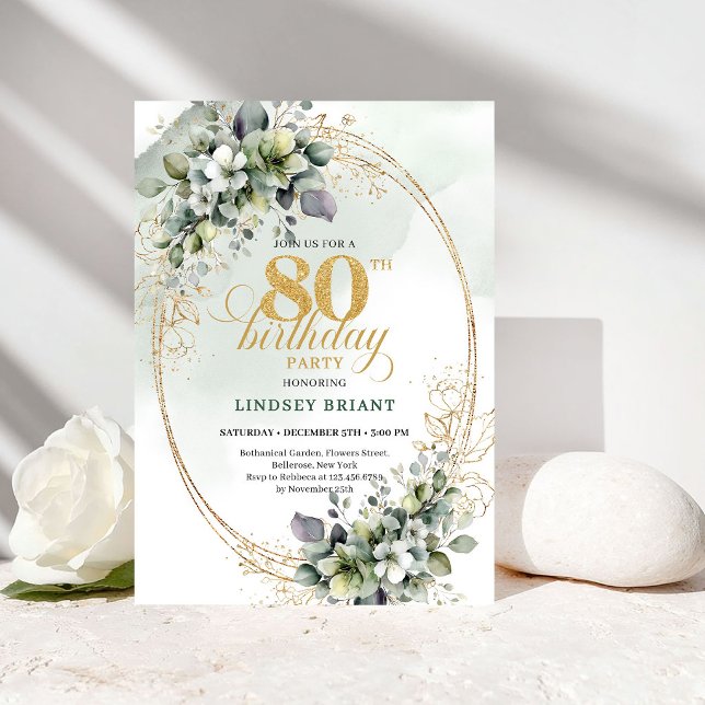 Modern Greenery Gold 80th Birthday Invitation (Modern Greenery Gold 80th Birthday Invitation)