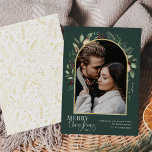 Modern Greenery Gold Arch Merry Christmas 1 Photo Holiday Card<br><div class="desc">This design features a modern greenery arch with a delicate glitter gold frame with a white frame outline with a single vertical photo. To make advanced changes,  please select 'Click to customize further' option under 'Personalize this template' section. Here,  you can edit/add text boxes,  color and font.</div>