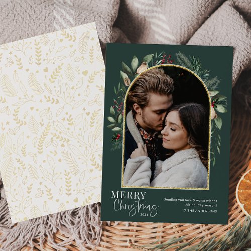 Modern Greenery Gold Arch Merry Christmas 1 Photo Holiday Card