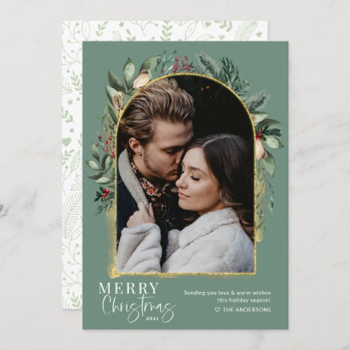 Modern Greenery Gold Arch Merry Christmas Photo Holiday Card