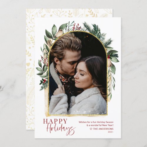 Modern Greenery Gold Arch  Snow Overlay Photo Holiday Card
