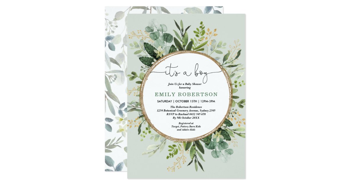 Modern Greenery Gold Botanical Baby Boy Shower Invitation | Zazzle.com