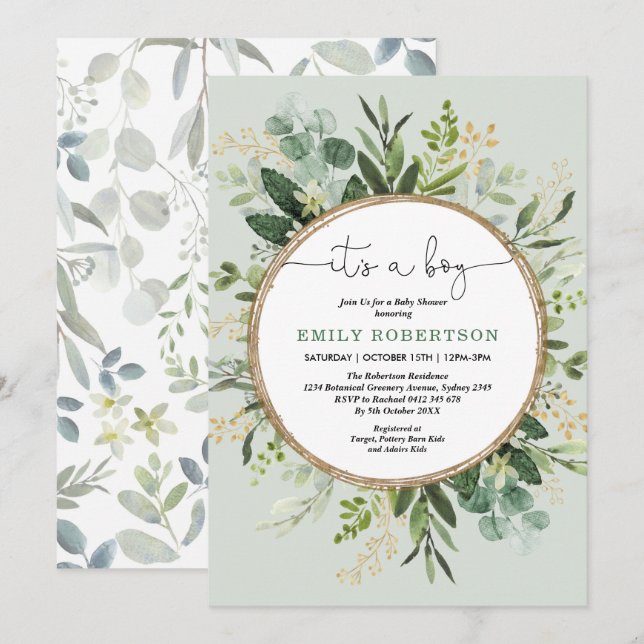 Modern Greenery Gold Botanical Baby Boy Shower Invitation (Front/Back)
