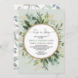 Modern Greenery Gold Botanical Baby Boy Shower Invitation
