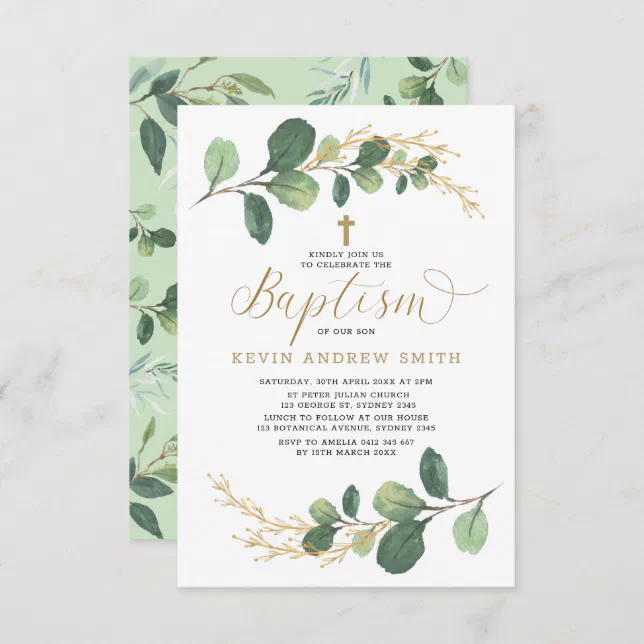 Modern Greenery Gold Boy Girl Baptism Invitation | Zazzle