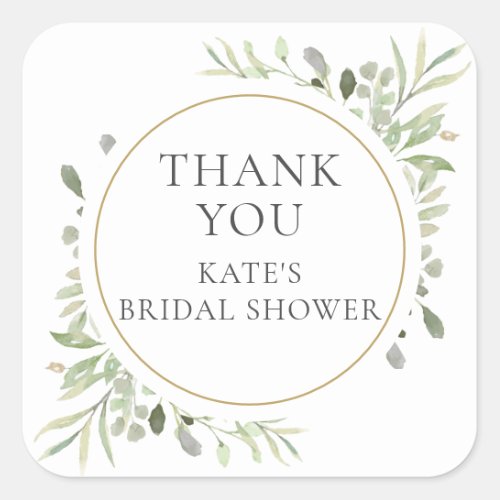 Modern Greenery Gold  Bridal Shower Thank You Square Sticker
