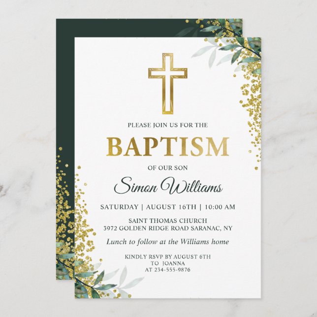 Modern Greenery Gold Cross Glitter Baptism Invitation (Front/Back)