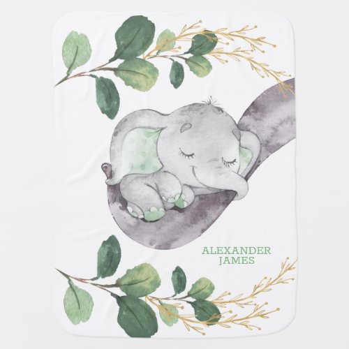 Modern Greenery Gold  Cute Sleeping Baby Elephant Baby Blanket