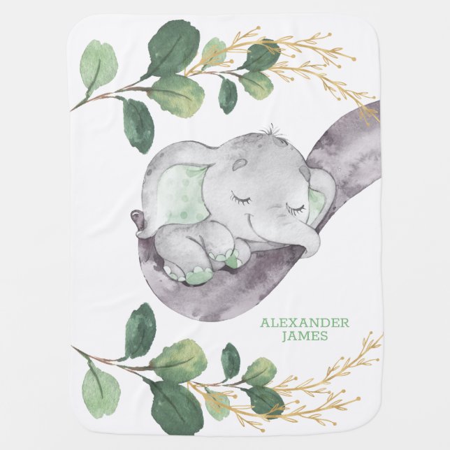 Modern Greenery Gold / Cute Sleeping Baby Elephant Baby Blanket (Front)