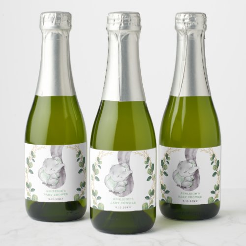 Modern Greenery Gold Elephant Baby Shower Birthday Sparkling Wine Label