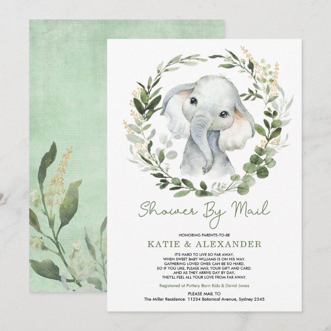 Modern Greenery Gold Elephant Baby Shower By Mail Invitation (Front/Back)