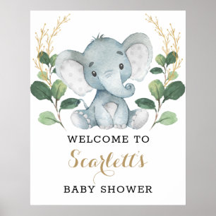 Modern Greenery Gold Elephant Baby Shower Welcome Poster