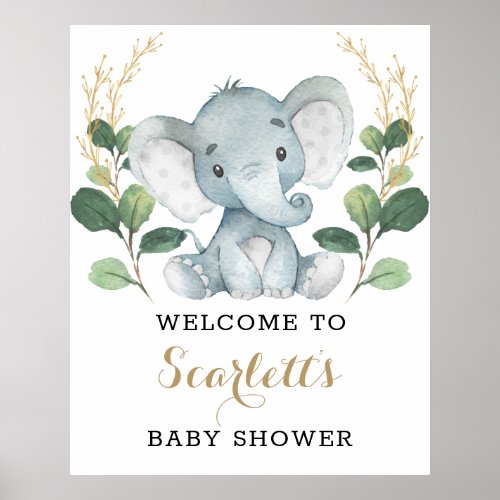 Modern Greenery Gold Elephant Baby Shower Welcome Poster