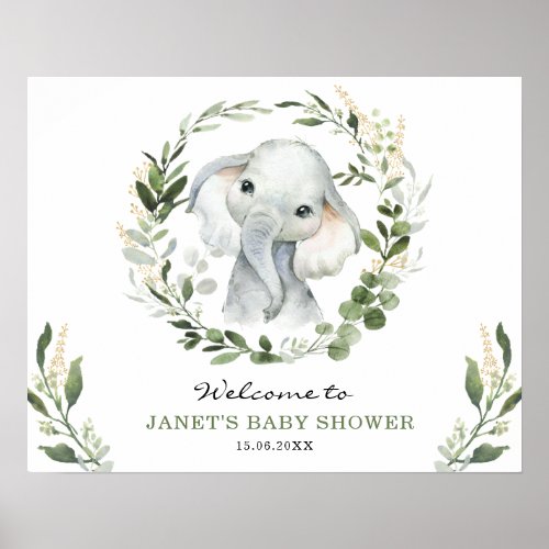 Modern Greenery Gold Elephant Baby Shower Welcome Poster