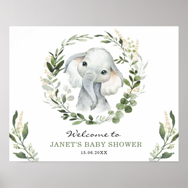 Modern Greenery Gold Elephant Baby Shower Welcome Poster (Front)