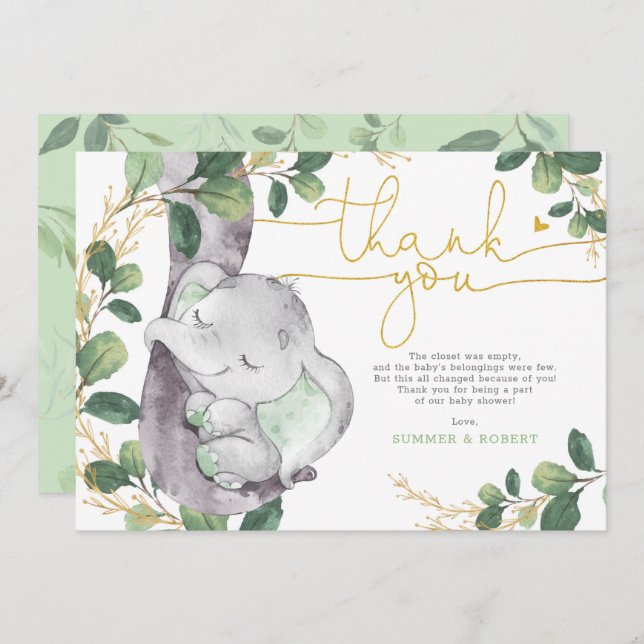Modern Greenery Gold Elephant Baby Thank You Card (Front/Back)