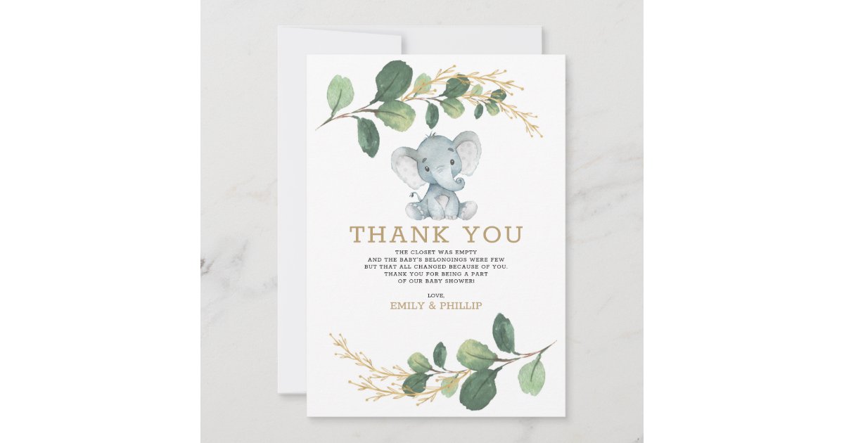 Modern Greenery Gold Elephant Neutral Baby Shower Thank You Card | Zazzle