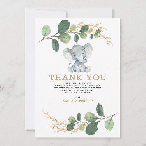 Modern Greenery Gold Elephant Neutral Baby Shower Thank You Card