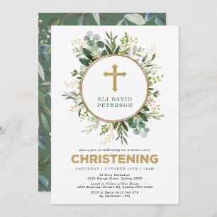 Modern Greenery Gold Garden Wreath Christening Invitation