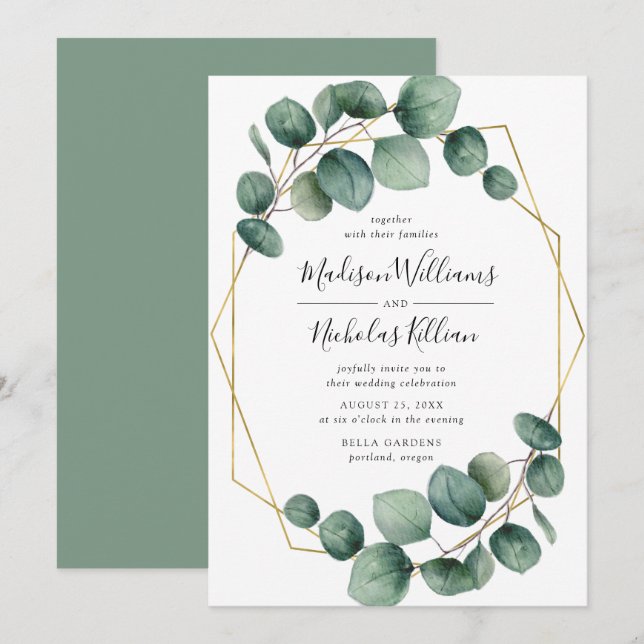 Modern Greenery | Gold Geometric Frame Wedding Invitation (Front/Back)