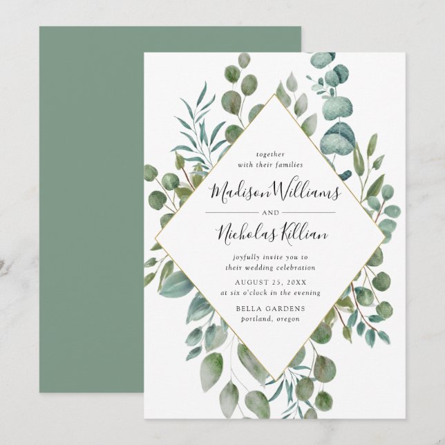Modern Greenery | Gold Geometric Frame Wedding Invitation (Front/Back)