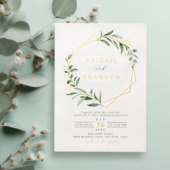 Modern Greenery Gold Geometric Rustic Wedding Foil Invitation by AvaPaperie at Zazzle