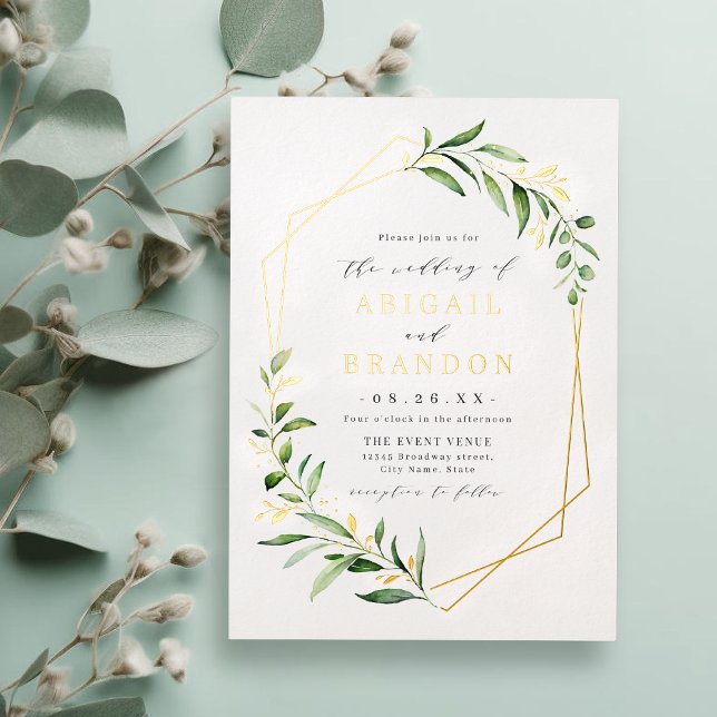 Modern Greenery Gold Geometric Rustic Wedding Foil Invitation (Modern Greenery Gold Geometric Rustic Wedding Foil Invitation)