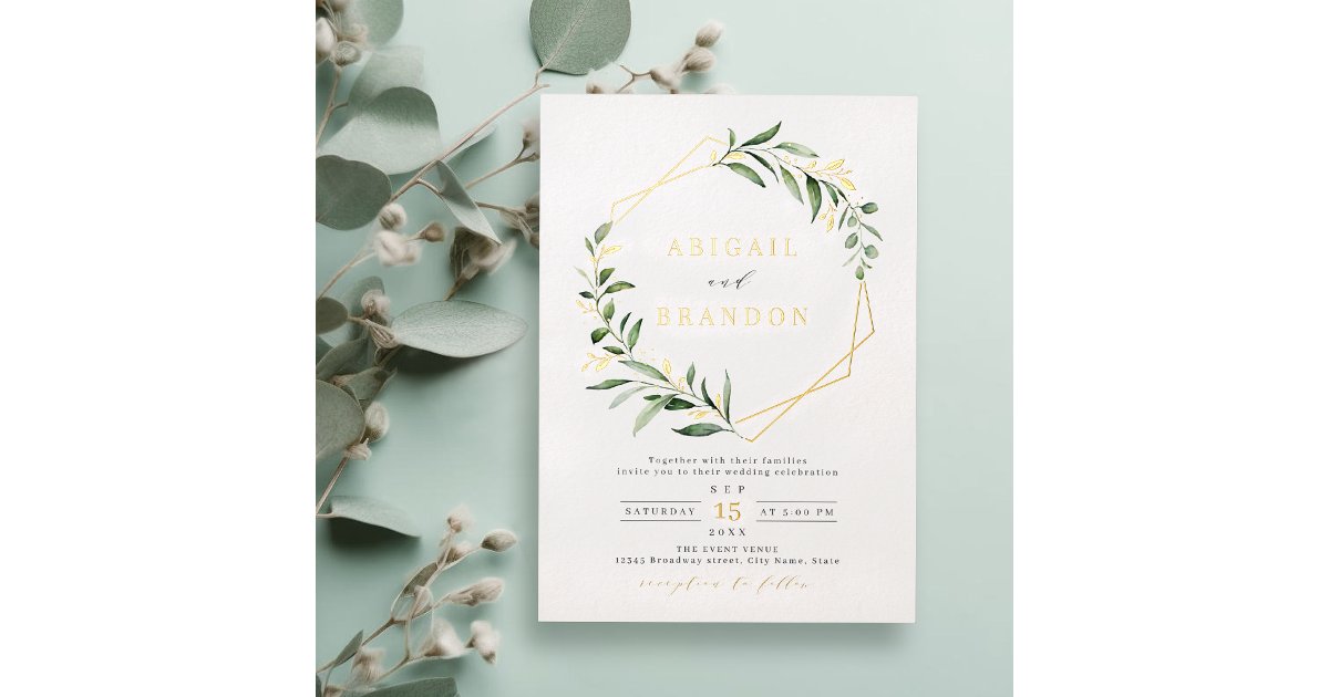 Modern Greenery Gold Geometric Rustic Wedding Foil Invitation | Zazzle