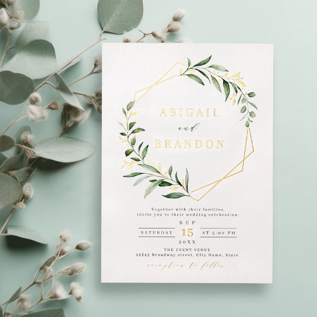 Modern Greenery Gold Geometric Rustic Wedding Foil Invitation (Modern Greenery Gold Geometric Rustic Wedding Foil Invitation)
