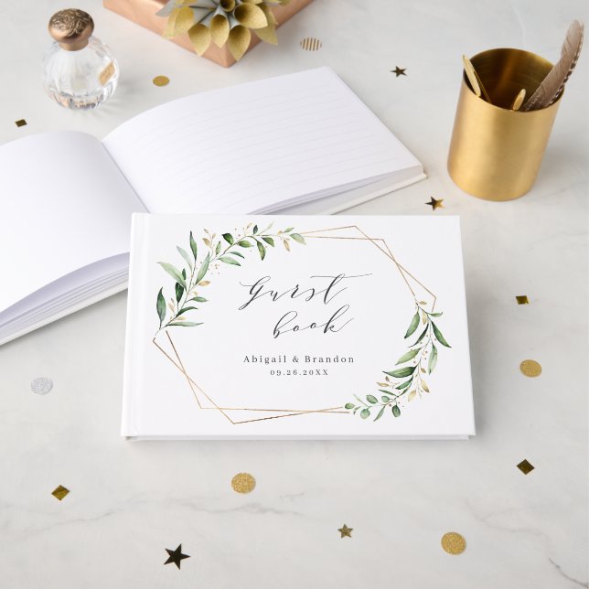 Modern Greenery Gold Geometric Rustic Wedding Guest Book (Front Open)