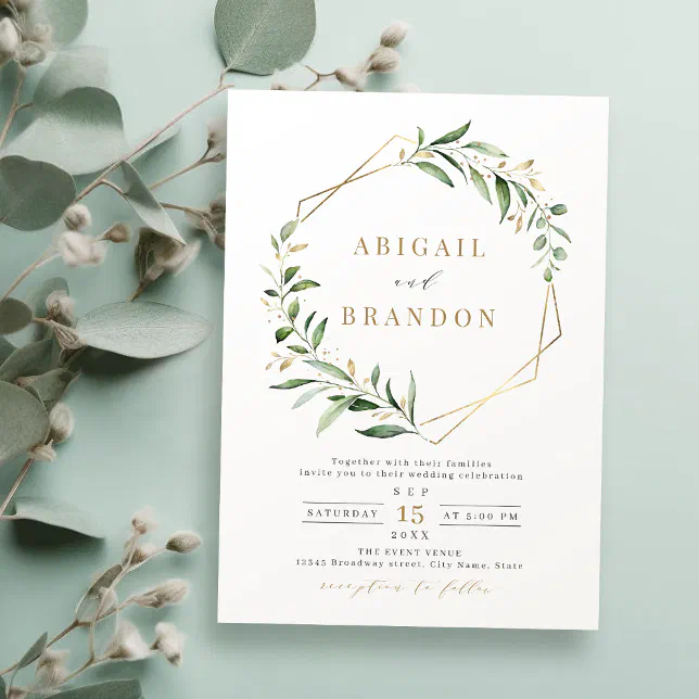 Modern Greenery Gold Geometric Rustic Wedding Invitation | Zazzle