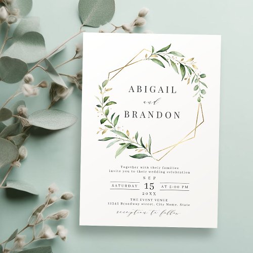 Modern Greenery Gold Geometric Rustic Wedding Invitation