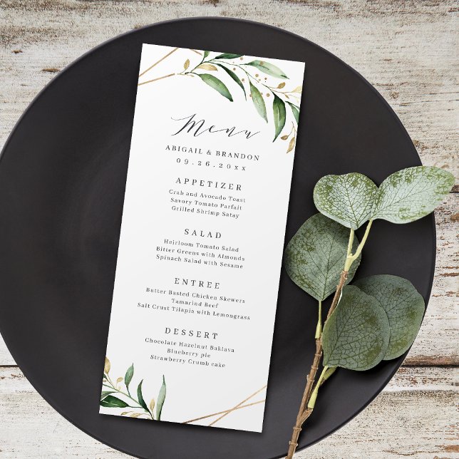 Modern Greenery Gold Geometric Rustic Wedding Menu (Creator Uploaded)