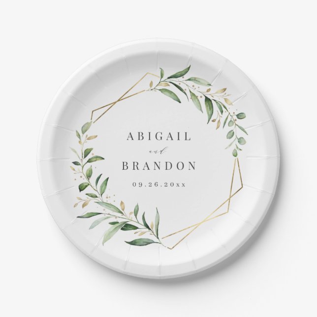 Modern Greenery Gold Geometric Rustic Wedding Paper Plates (Front)