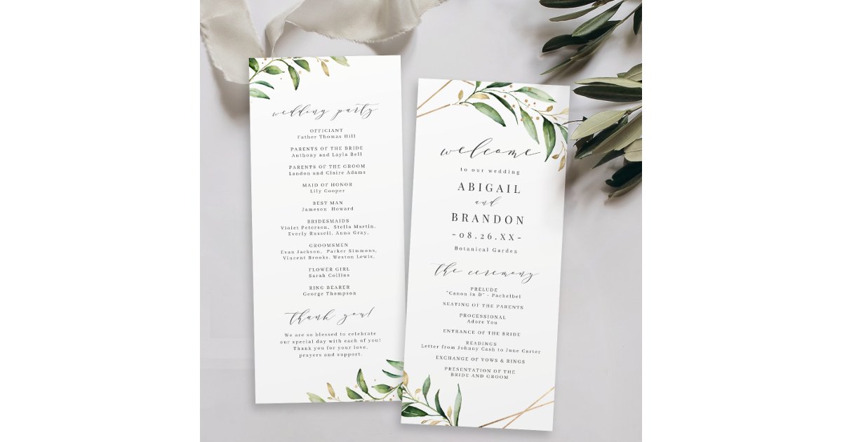 Modern Greenery Gold Geometric Rustic Wedding Program | Zazzle