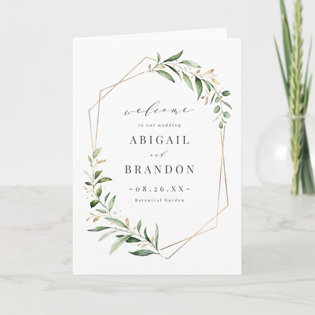 Modern Greenery Gold Geometric Rustic Wedding Program (Front)