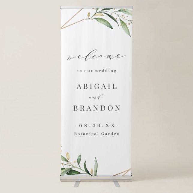 Modern Greenery Gold Geometric Rustic Wedding Sign (Front)