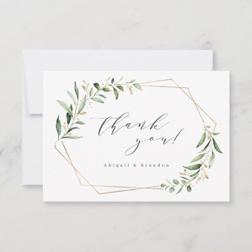 Modern Greenery Gold Geometric Rustic Wedding Thank You Card