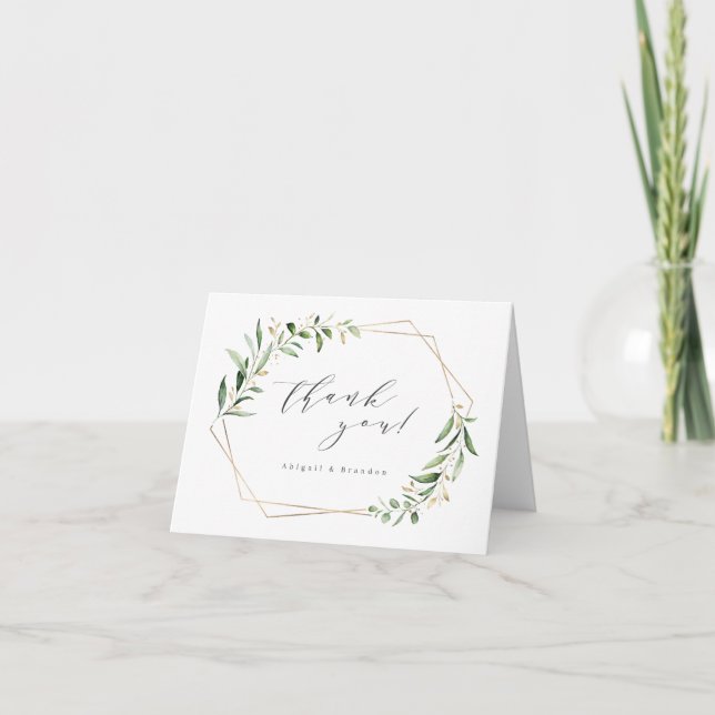 Modern Greenery Gold Geometric Rustic Wedding Thank You Card (Front)