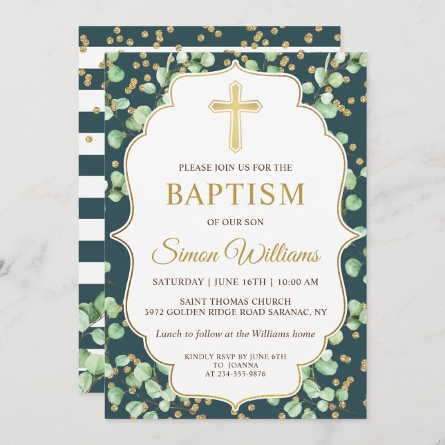 Modern Greenery Gold Glitter Baptism Invitation (Front/Back)