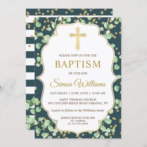Modern Greenery Gold Glitter Baptism Invitation